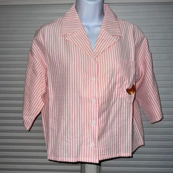 Daisy Street Pinstripe Bowling Shirt With Embroidered Fruit Slice on Pocket - Picture 1 of 8